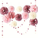 NNETM Dusty Rose Blush Pink Tissue Pom Poms Flowers Set - 15pcs Lotus Root Paper Flowers