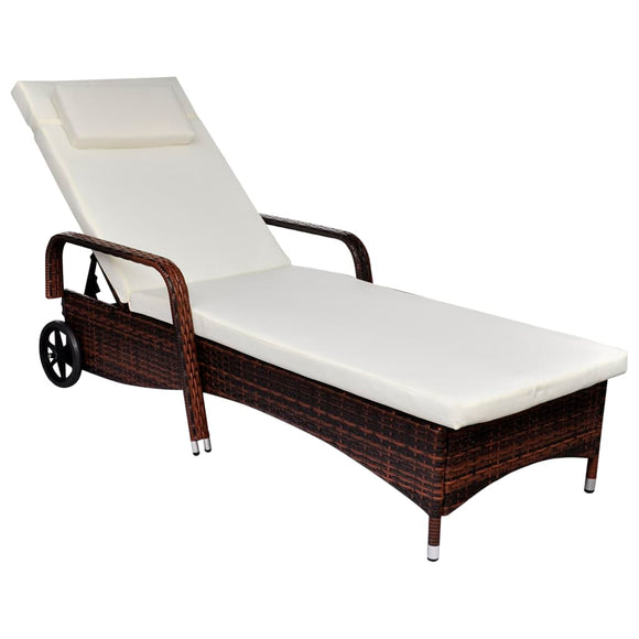NNEVL Sun Lounger with Cushion & Wheels Poly Rattan Brown