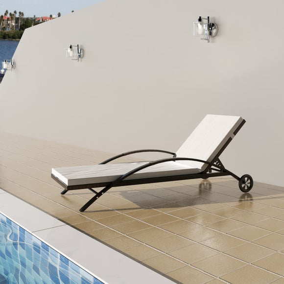 NNEVL Sun Lounger with Cushion & Wheels Poly Rattan Brown