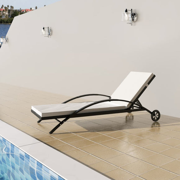 NNEVL Sun Lounger with Cushion & Wheels Poly Rattan Black