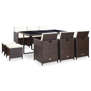 NNEVL 11 Piece Outdoor Dining Set with Cushions Poly Rattan Brown
