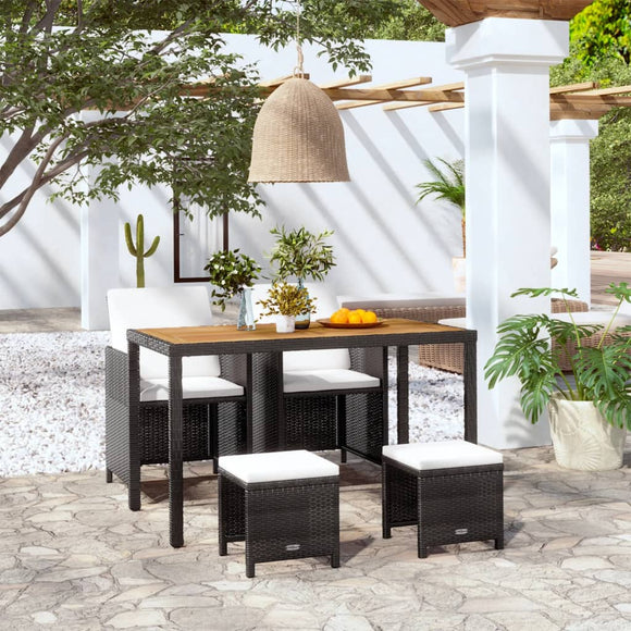 NNEVL 5 Piece Outdoor Dining Set Poly Rattan and Acacia Wood Black