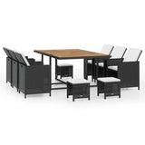 NNEVL 11 Piece Outdoor Dining Set Poly Rattan and Acacia Wood Black