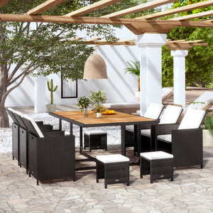 NNEVL 11 Piece Outdoor Dining Set Poly Rattan and Acacia Wood Black