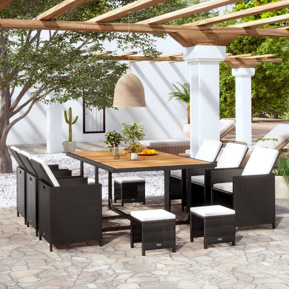 NNEVL 11 Piece Outdoor Dining Set Poly Rattan and Acacia Wood Black