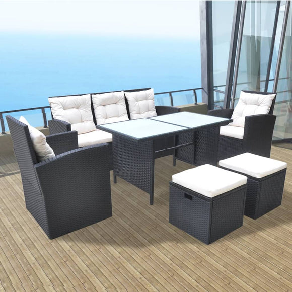 NNEVL 6 Piece Outdoor Dining Set with Cushions Poly Rattan Black