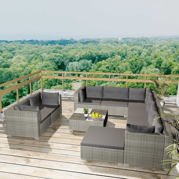NNEVL 10 Piece Garden Lounge Set with Cushions Poly Rattan Grey