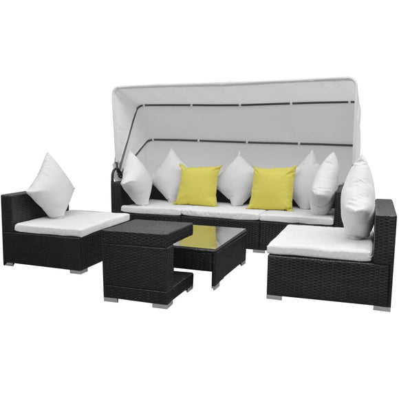 NNEVL 7 Piece Garden Lounge Set with Canopy Poly Rattan Black