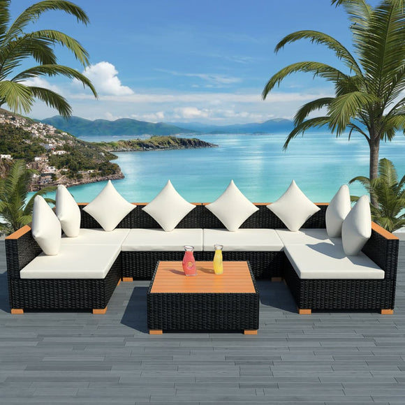 NNEVL 7 Piece Garden Lounge Set with Cushions Poly Rattan Black
