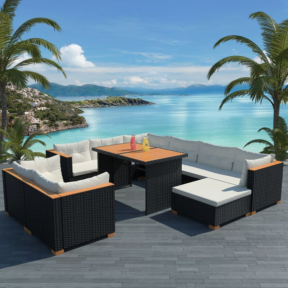 NNEVL 10 Piece Garden Lounge Set with Cushions Poly Rattan Black