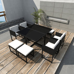 NNEVL 9 Piece Outdoor Dining Set with Cushions Poly Rattan Black