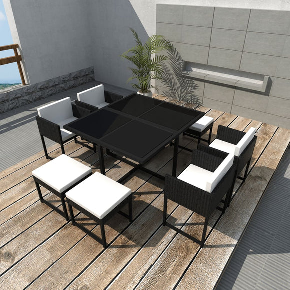 NNEVL 9 Piece Outdoor Dining Set with Cushions Poly Rattan Black
