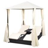 NNEVL Double Sun Lounger with Curtains Poly Rattan Black