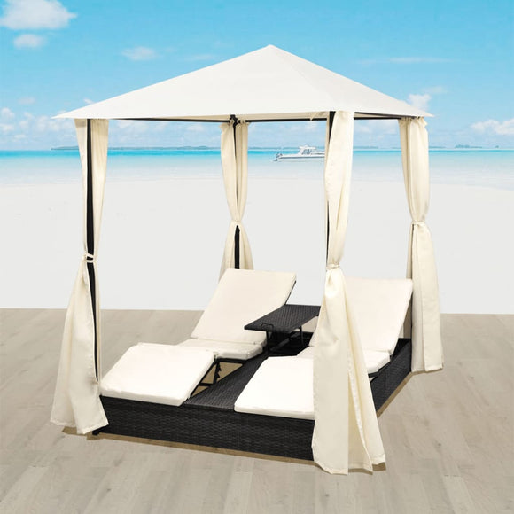 NNEVL Double Sun Lounger with Curtains Poly Rattan Black