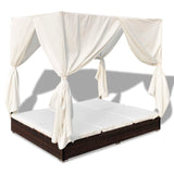NNEVL Outdoor Lounge Bed with Curtains Poly Rattan Brown