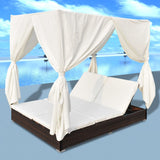 NNEVL Outdoor Lounge Bed with Curtains Poly Rattan Brown