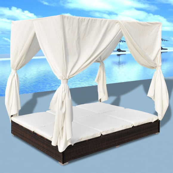 NNEVL Outdoor Lounge Bed with Curtains Poly Rattan Brown