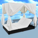 NNEVL Outdoor Lounge Bed with Curtains Poly Rattan Black