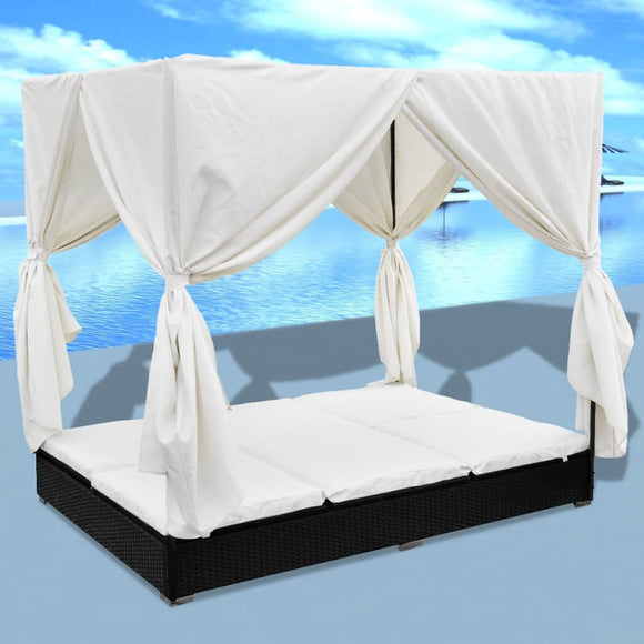 NNEVL Outdoor Lounge Bed with Curtains Poly Rattan Black