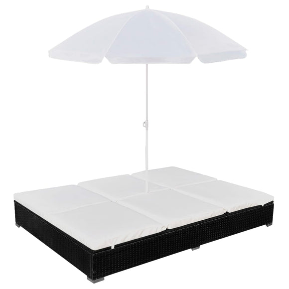NNEVL Outdoor Lounge Bed with Umbrella Poly Rattan Black