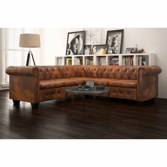NNEVL Chesterfield Corner Sofa 5-Seater Artificial Leather Brown