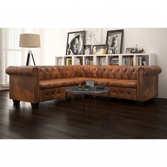 NNEVL Chesterfield Corner Sofa 5-Seater Artificial Leather Brown