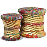 NNEVL Stools with Chindi Details 2 pcs Multicolour Bamboo