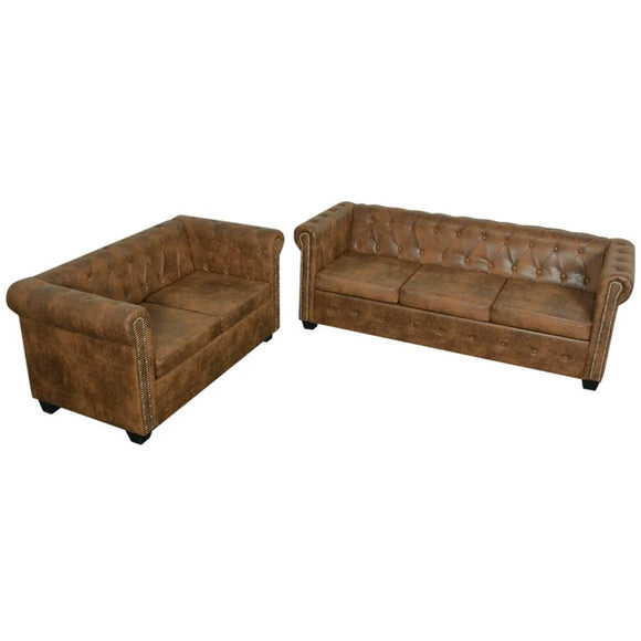 NNEVL Chesterfield 2-Seater and 3-Seater Sofa Set Brown