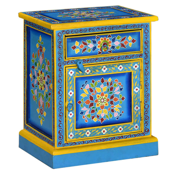 NNEVL Bedside Cabinet Solid Mango Wood Turquoise Hand Painted