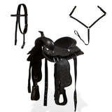 NNEVL Western Saddle, Headstall&Breast Collar Real Leather 13" Black