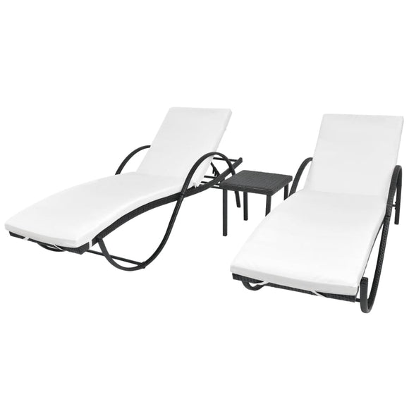 NNEVL Sun Loungers 2 pcs with Table Poly Rattan Black (42884+42886)