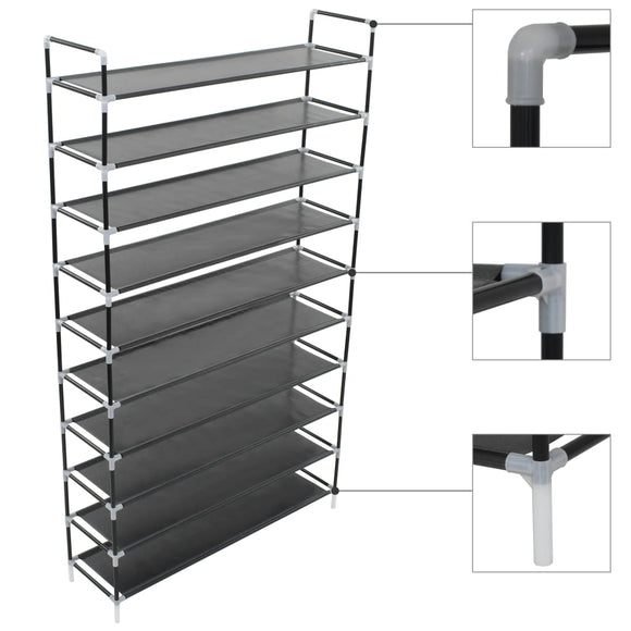 NNEVL Shoe Rack with 10 Shelves Metal and Non-woven Fabric Black