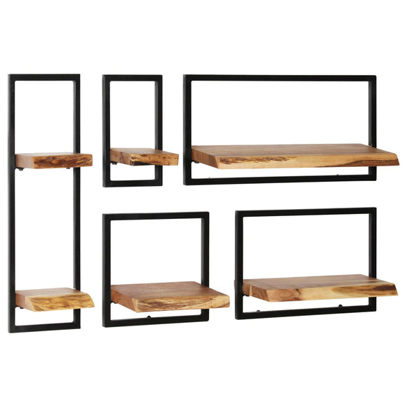 NNEVL Wall Shelf Set 5 Pieces Solid Acacia Wood and Steel