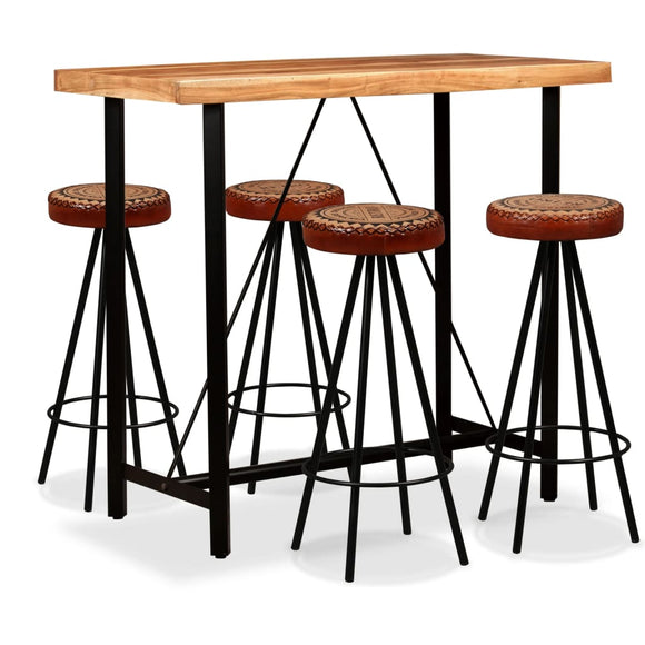 NNEVL Bar Set 5 Pieces Solid Wood Acacia. Genuine Leather & Canvas