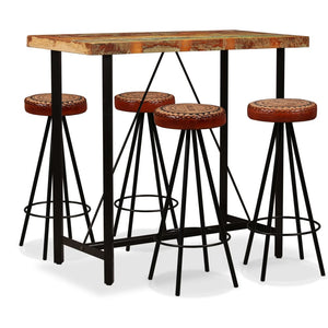 NNEVL Bar Set 5 Pieces Solid Wood Reclaimed. Genuine Leather & Canvas