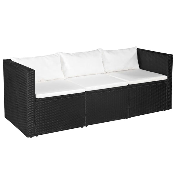 NNEVL 3 Seater Garden Sofa Black Poly Rattan with White Cushions