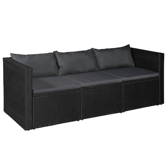 NNEVL 3 Seater Garden Sofa Black Poly Rattan with Grey Cushions