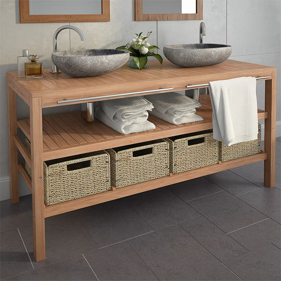 NNEVL Bathroom Vanity Cabinet with 4 Baskets Solid Teak 132x45x75 cm