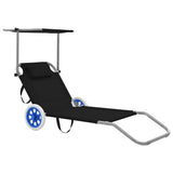 NNEVL Folding Sun Lounger with Canopy and Wheels Steel Black