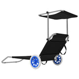 NNEVL Folding Sun Lounger with Canopy and Wheels Steel Black