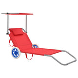 NNEVL Folding Sun Lounger with Canopy and Wheels Steel Red