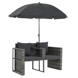 NNEVL 2 Seater Garden Sofa with Cushions and Parasol Grey Poly Rattan