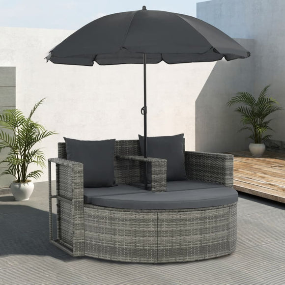 NNEVL 2 Seater Garden Sofa with Cushions and Parasol Grey Poly Rattan