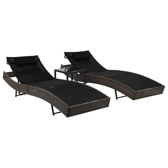 NNEVL Sun Loungers 2 pcs with Table Poly Rattan and Textilene Brown