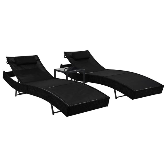 NNEVL Sun Loungers 2 pcs with Table Poly Rattan and Textilene Black