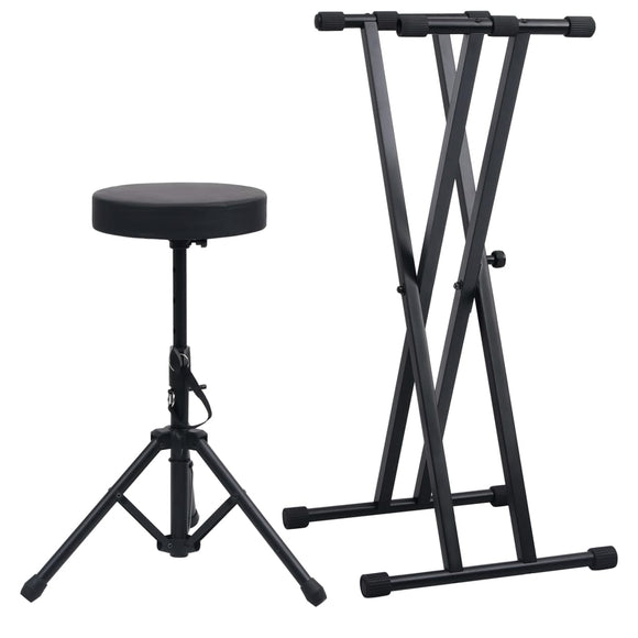 NNEVL Double Braced Keyboard Stand and Stool Set Black