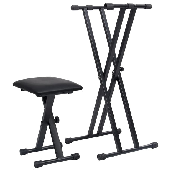 NNEVL Double Braced Keyboard Stand and Stool Set Black