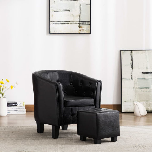 NNEVL Tub Chair with Footstool Black Faux Leather