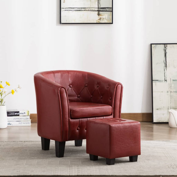 NNEVL Tub Chair with Footstool Wine Red Faux Leather