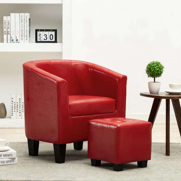 NNEVL Tub Chair with Footstool Red Faux Leather